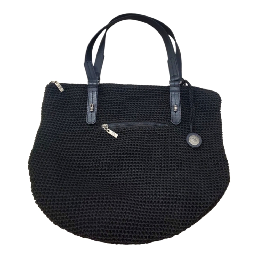 The Sak Crocheted Hobo Tote/Shoulder Bag W/Leather Straps & Hanging Charm Black